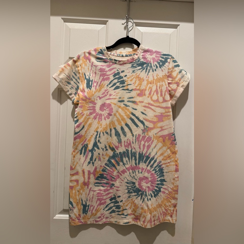 Tie-Dye Short Sleeve Shift Dress - Pink, Yellow & Teal